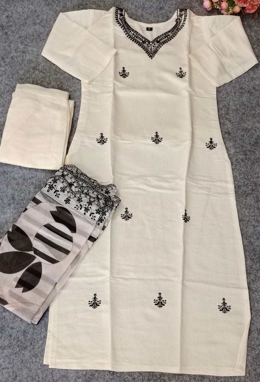 SI 125 Black And White Chanderi Viscose Embroidery Kurti With Bottom Dupatta Wholesale Online
